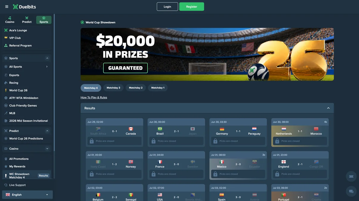 The Duelbits Bitcoin World Cup Showdown page, showing the matchday boards and the score-prediction grid for each game. Players pick the exact score of every 2026 World Cup match to earn points and climb the leaderboards.
