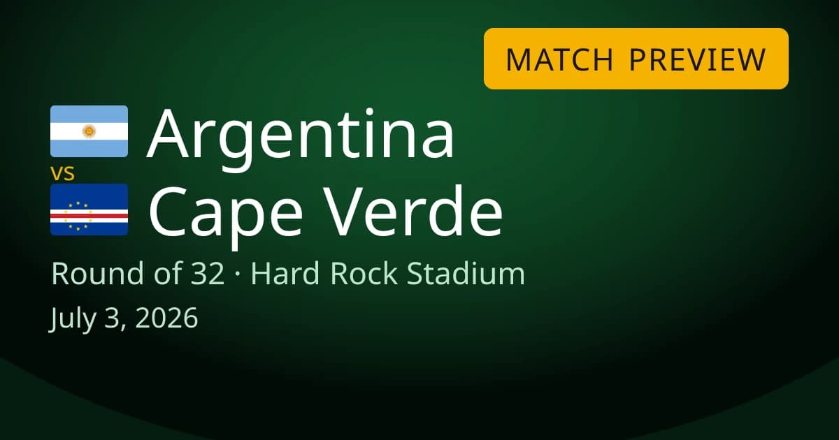 Argentina vs Cape Verde round-of-32 match preview card for World Cup Drops. The game is at Hard Rock Stadium in Miami Gardens, Florida on July 3, 2026.