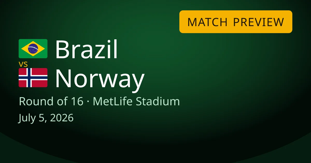 Brazil vs Norway round of 16 match preview card for World Cup Drops. The game is at MetLife Stadium in East Rutherford, New Jersey on July 5, 2026.