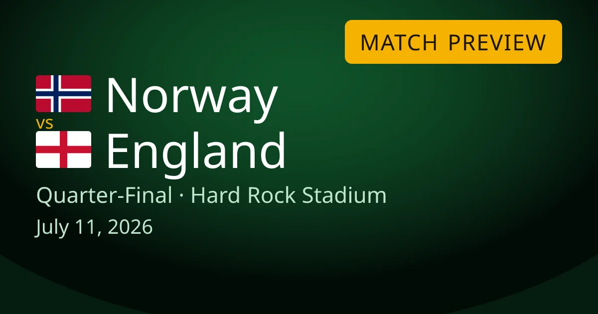 Norway vs England quarter-final match preview card for World Cup Drops. The game is at Hard Rock Stadium in Miami Gardens, Florida on July 11, 2026.
