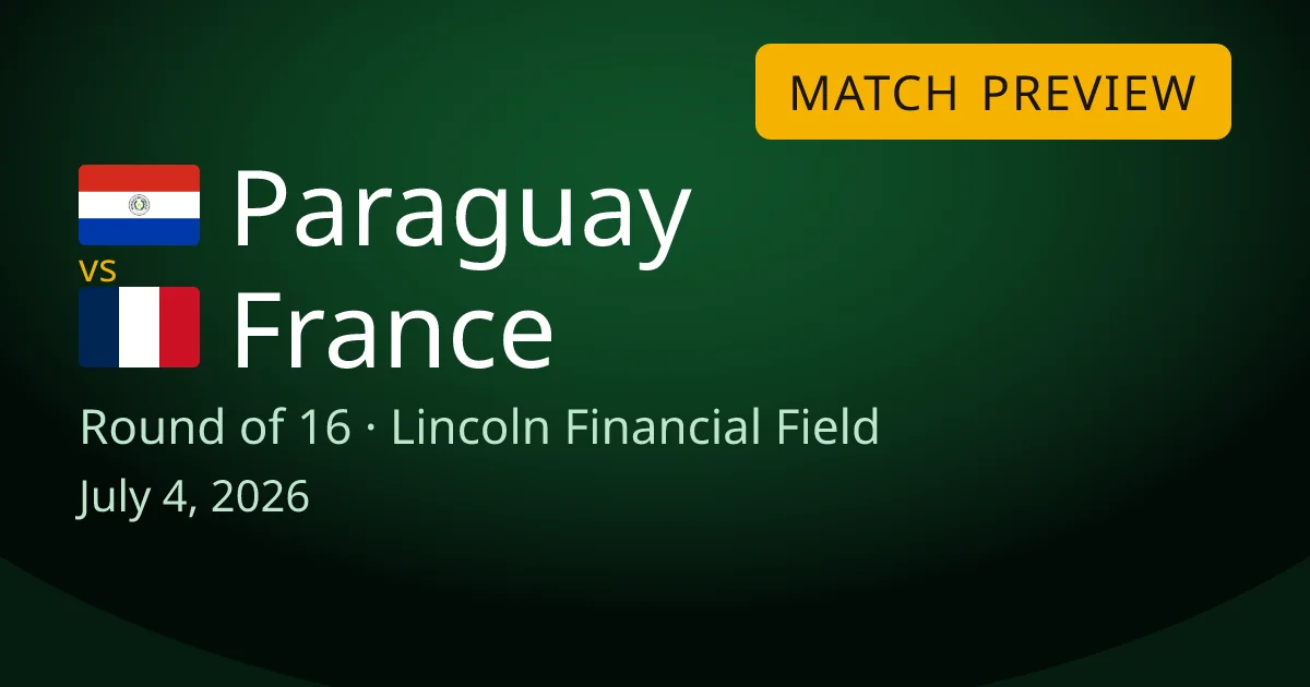 Paraguay vs France round of 16 match preview card for World Cup Drops. The game is at Lincoln Financial Field stadium in Philadelphia, Pennsylvania on July 4, 2026.