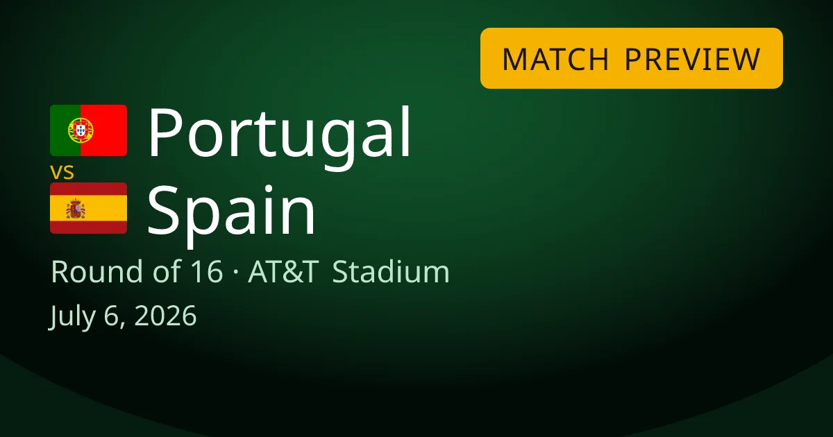 Portugal vs Spain round of 16 match preview card for World Cup Drops. The game is at AT&T Stadium in Arlington, Texas on July 6, 2026.