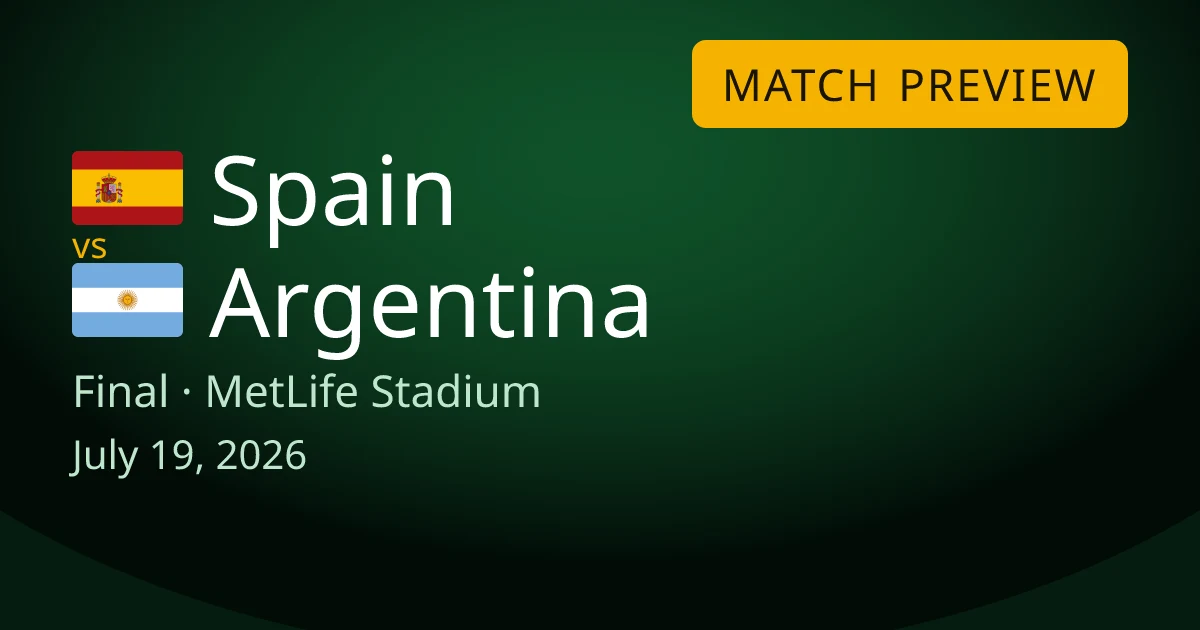 Spain vs Argentina World Cup final match preview card for World Cup Drops. The game is at MetLife Stadium in East Rutherford, New Jersey on July 19, 2026.