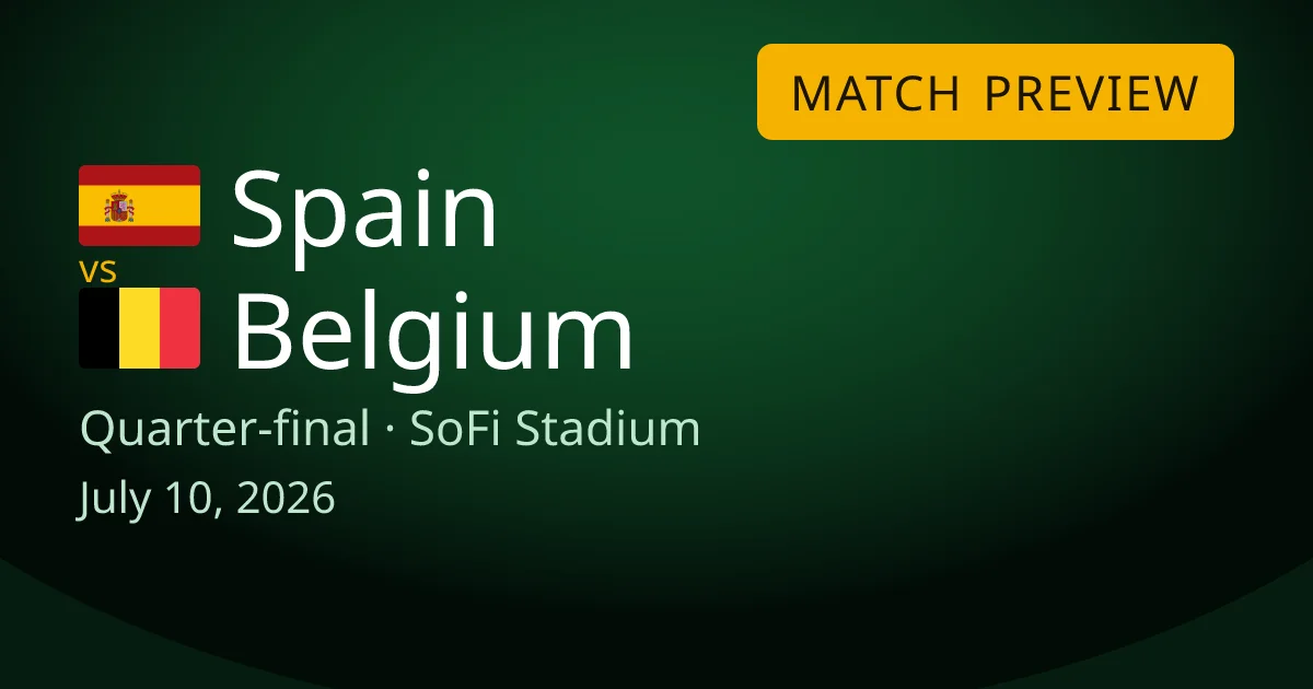 Spain vs Belgium quarter-final match preview card for World Cup Drops. The game is at SoFi Stadium in Inglewood, Los Angeles on July 10, 2026.