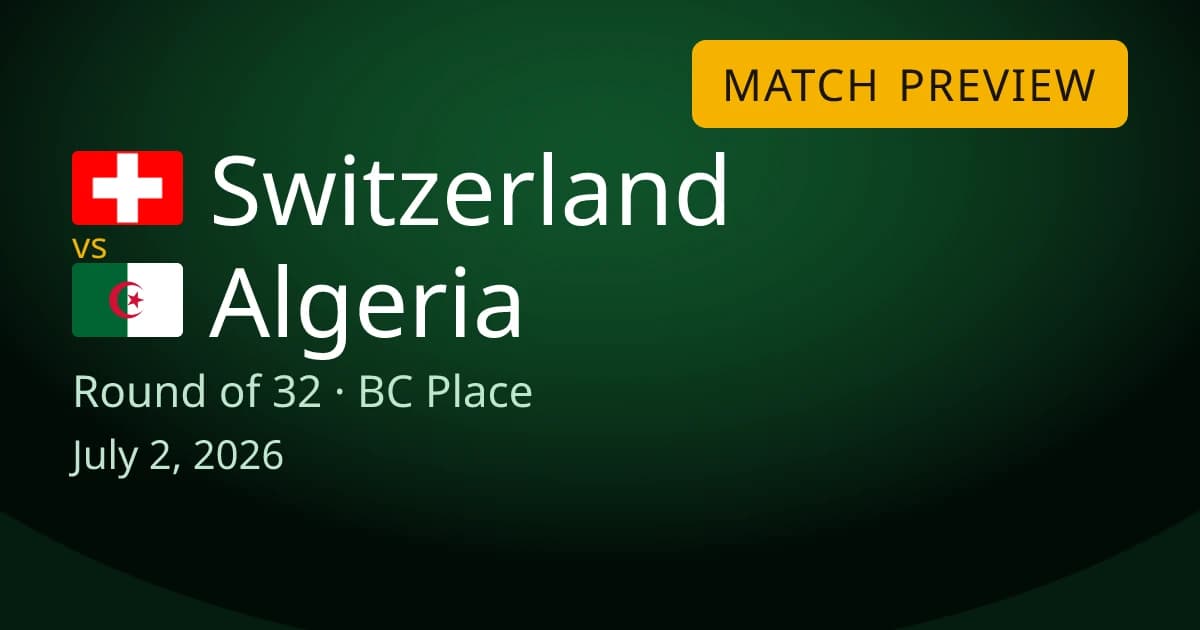Switzerland vs Algeria round-of-32 match preview card for World Cup Drops. The game is at BC Place stadium in Vancouver, Canada on July 2, 2026.