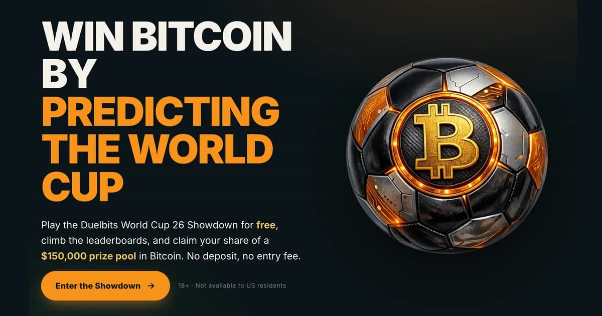 The Duelbits Bitcoin World Cup contest page, where you predict the score of every 2026 World Cup match. The leaderboard shows the top players sharing the $150,000 Bitcoin prize pool.