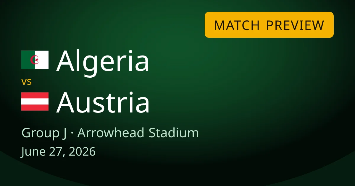 Algeria vs Austria Group J match preview card for World Cup Drops, at Arrowhead Stadium in Kansas City. The game decides who finishes 2nd in the group.