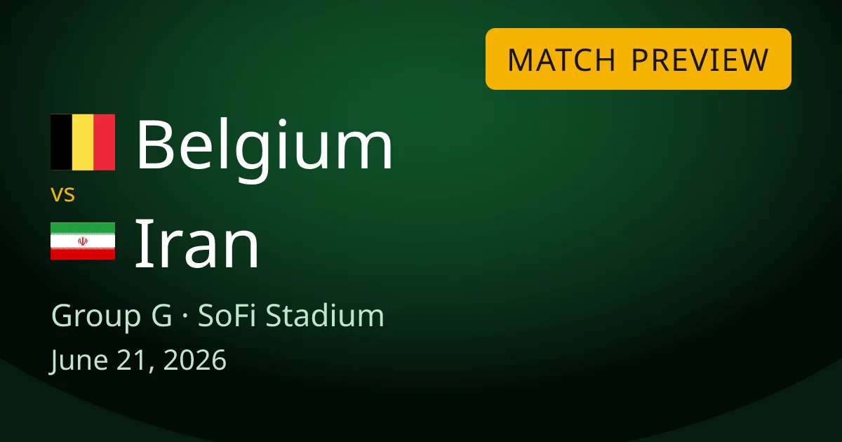 Belgium vs Iran Group G match preview card for World Cup Drops, set at SoFi Stadium near Los Angeles. Belgium are clear favorites with stars Kevin De Bruyne and Romelu Lukaku, but Iran bring a real goal threat in Mehdi Taremi.