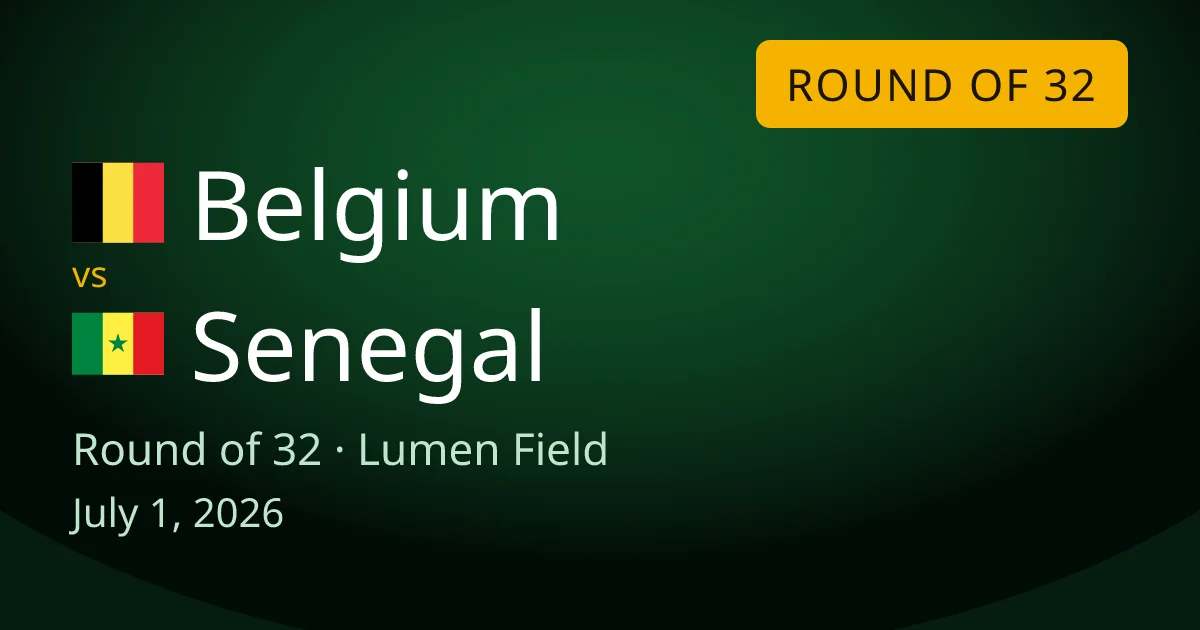 Belgium vs Senegal round-of-32 match preview card for World Cup Drops. The game is at Lumen Field in Seattle, Washington on July 1, 2026.