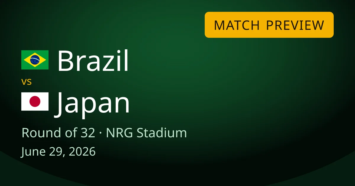 Brazil vs Japan round-of-32 match preview card for World Cup Drops. The game is at NRG Stadium in Houston, Texas on June 29, 2026.