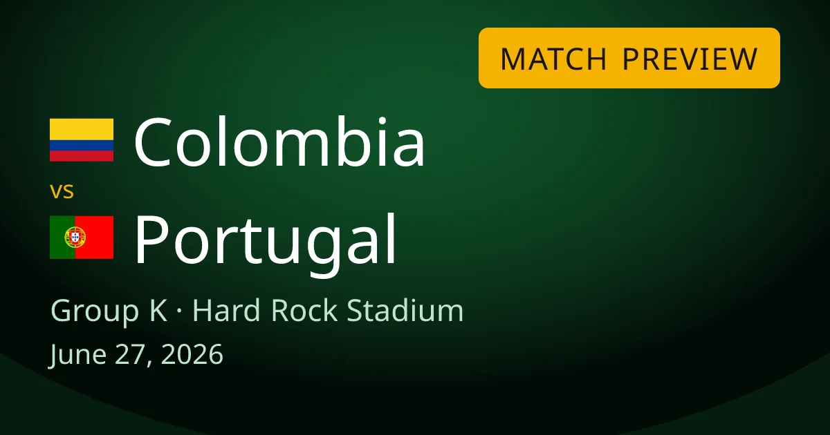 Colombia vs Portugal Group K match preview card for World Cup Drops, at Hard Rock Stadium in Miami. The game decides who finishes 1st in the group.
