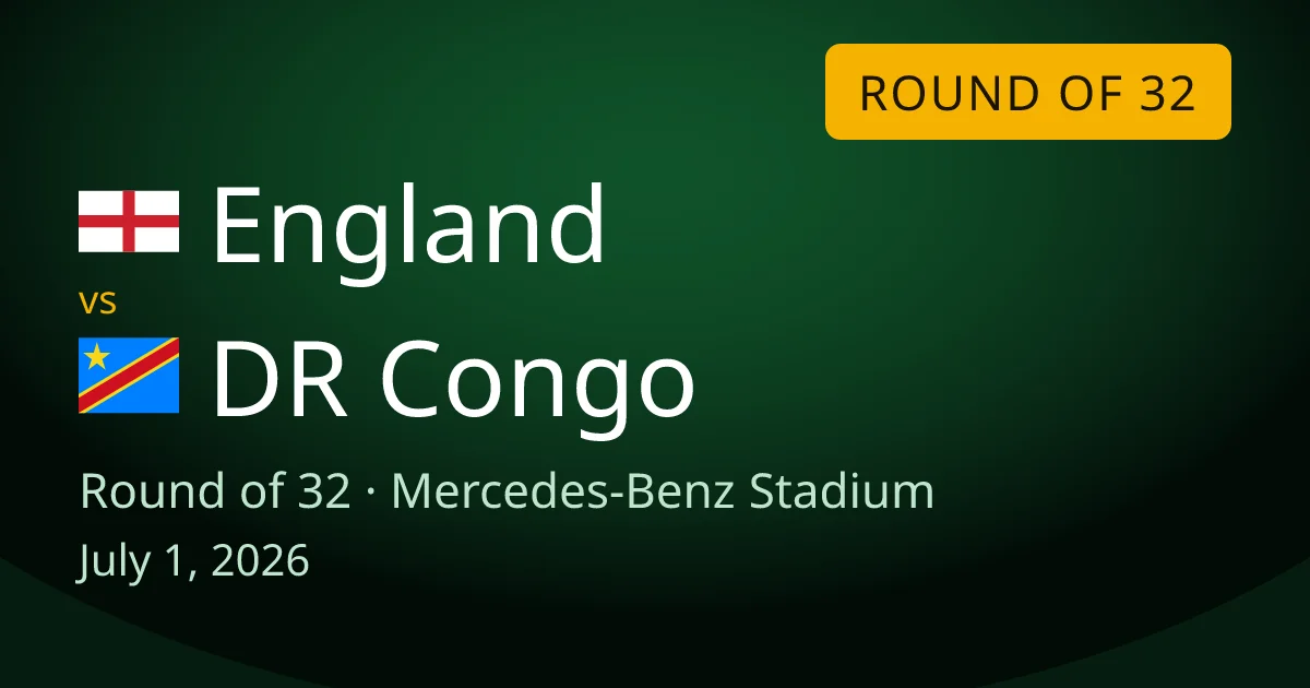 England vs DR Congo round-of-32 match preview card for World Cup Drops. The game is at Mercedes-Benz Stadium in Atlanta, Georgia on July 1, 2026.