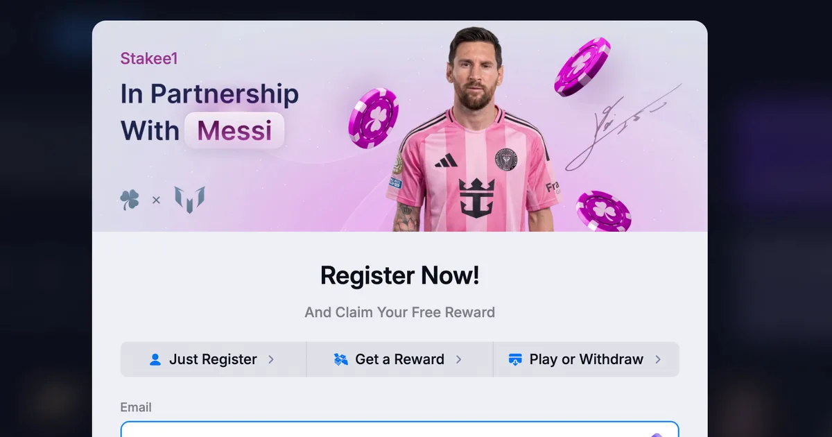Screenshot of a Stakee1 casino ad claiming a partnership with Lionel Messi, using a photo of him in his pink Inter Miami kit with purple casino chips around him. The ad shows his highlighted name, a signature, and a Register Now section with buttons and an email field.