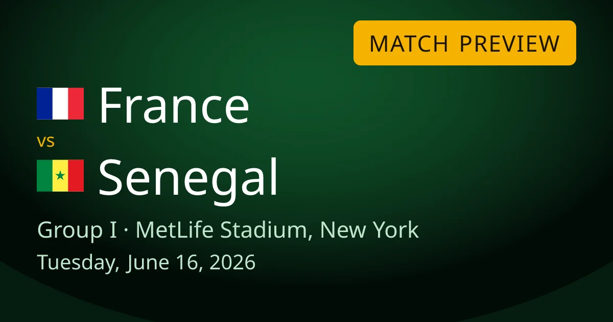 France vs Senegal Group I match preview card for World Cup Drops, set at MetLife Stadium in the New York area.