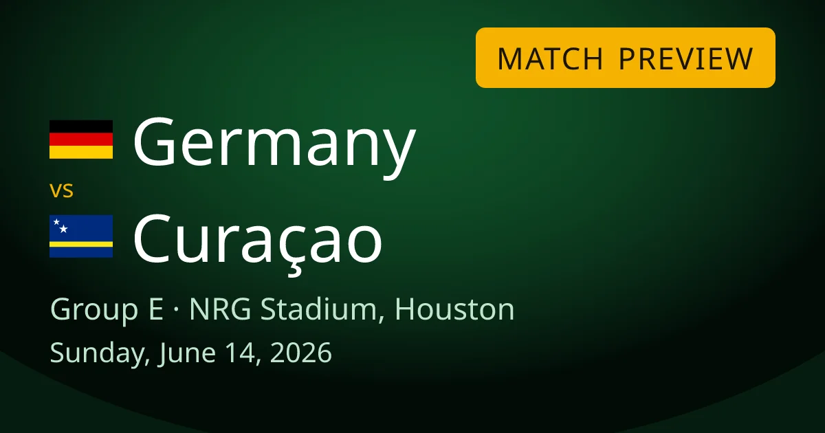 Germany vs Curaçao Group E match preview card for World Cup Drops, set at NRG Stadium in Houston