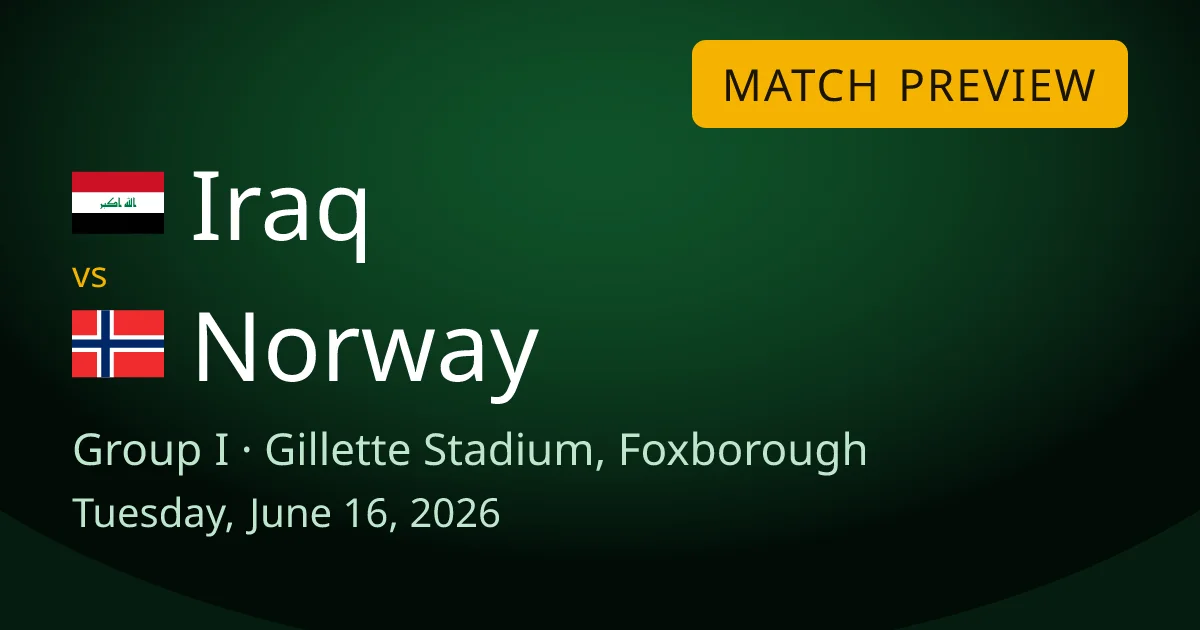 Iraq vs Norway Group I match preview card for World Cup Drops, set at Gillette Stadium near Boston.