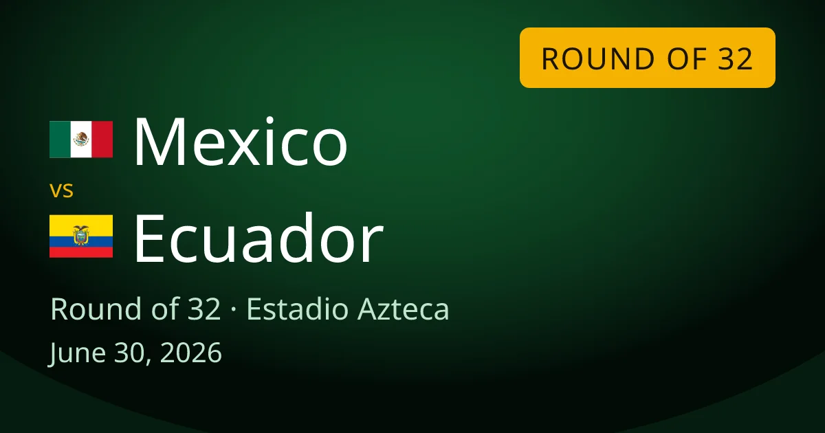 Mexico vs Ecuador round-of-32 match preview card for World Cup Drops. The game is at the Estadio Azteca in Mexico City on June 30, 2026.