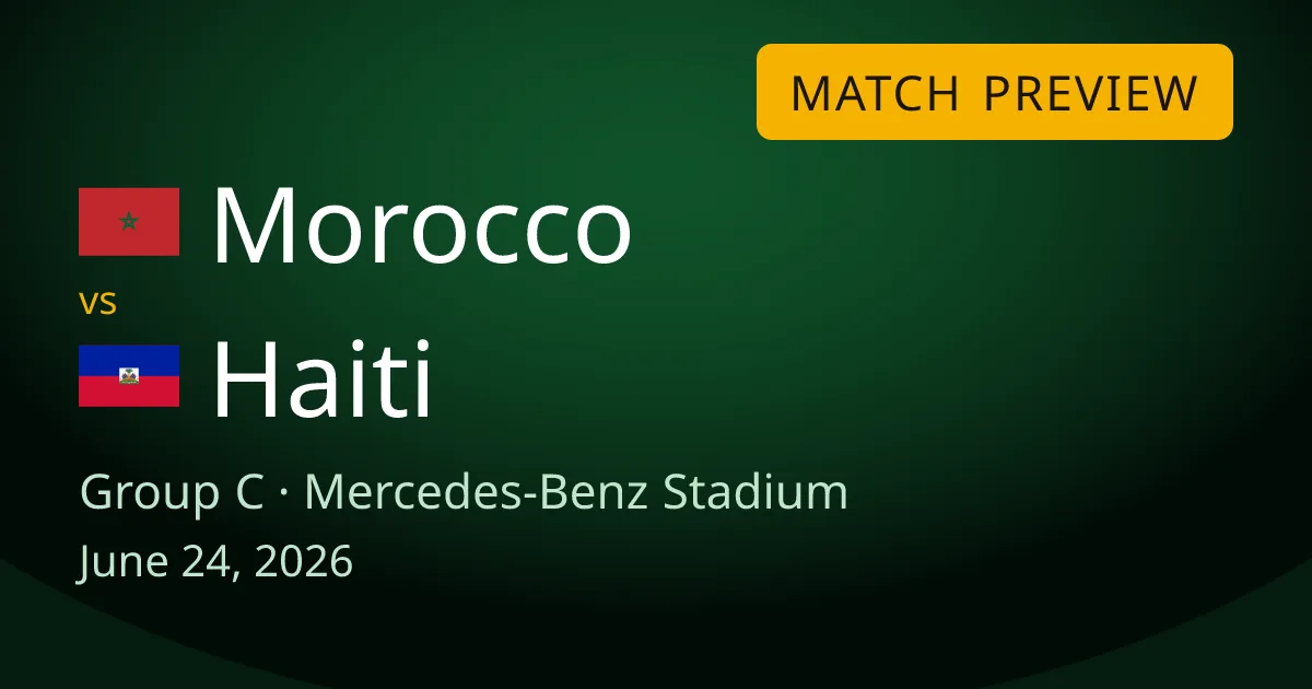 Morocco vs Haiti Group C match preview card for World Cup Drops, set at Mercedes-Benz Stadium in Atlanta. Morocco need one win to reach the knockout round, while an eliminated Haiti chase a first goal.