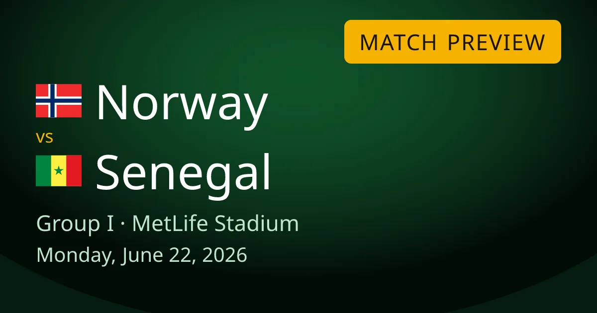 Norway vs Senegal Group I match preview card for World Cup Drops, set at MetLife Stadium near New York. Norway are flying with Erling Haaland, while Senegal need to respond after losing their opener.
