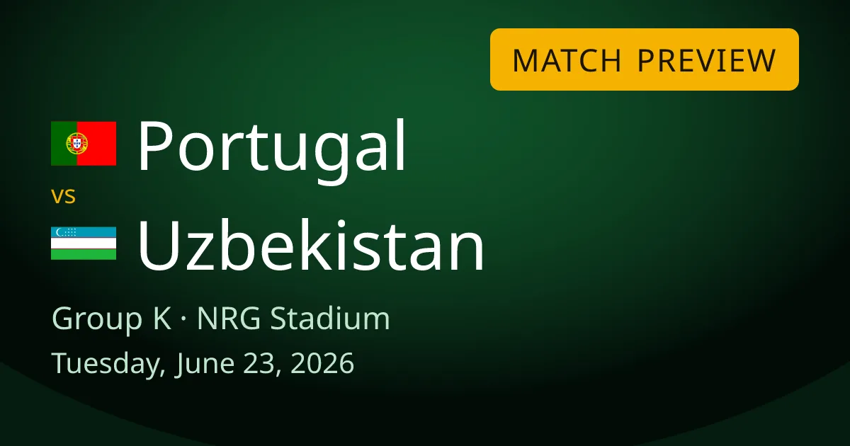 Portugal vs Uzbekistan Group K match preview card for World Cup Drops, set at NRG Stadium in Houston. Portugal need a big win after a slow start, while Uzbekistan play at their first ever World Cup.