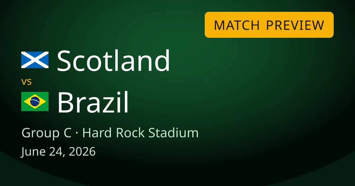 Scotland vs Brazil Group C match preview card for World Cup Drops, set at Hard Rock Stadium in Miami. Scotland must beat 5-time world champions Brazil to reach the knockout round for the first time ever.