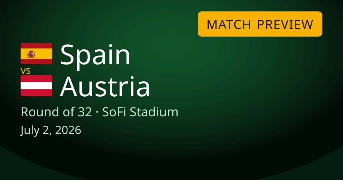 Spain vs Austria round-of-32 match preview card for World Cup Drops. The game is at SoFi Stadium in Inglewood near Los Angeles on July 2, 2026.