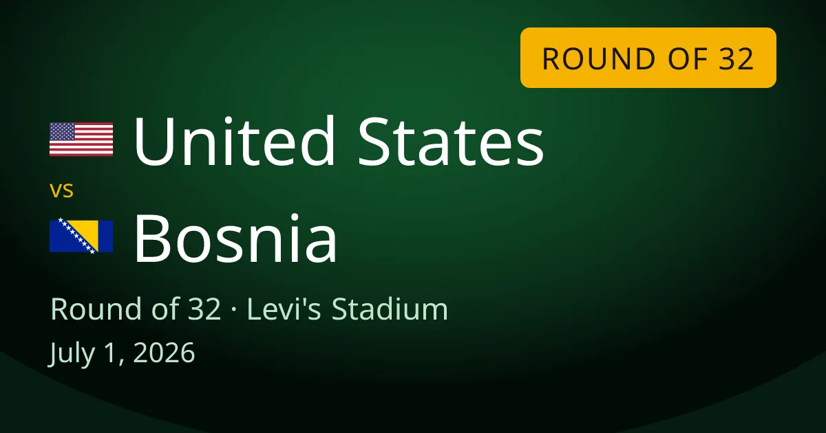 USA vs Bosnia and Herzegovina round-of-32 match preview card for World Cup Drops. The game is at Levi's Stadium in Santa Clara, California on July 1, 2026.