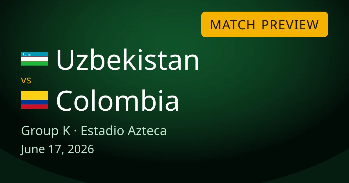 Uzbekistan vs Colombia Group K match preview card for World Cup Drops, set at the Estadio Azteca in Mexico City. A preview of Uzbekistan's first ever World Cup game.