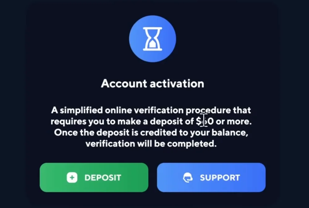 A fake casino Account activation popup that says you must deposit $50 or more to verify your account, shown with green Deposit and blue Support buttons.
