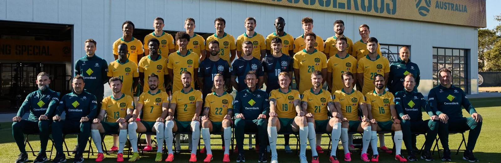 The Australia national football team ahead of the 2026 World Cup. An official photo from the Australia national team account.