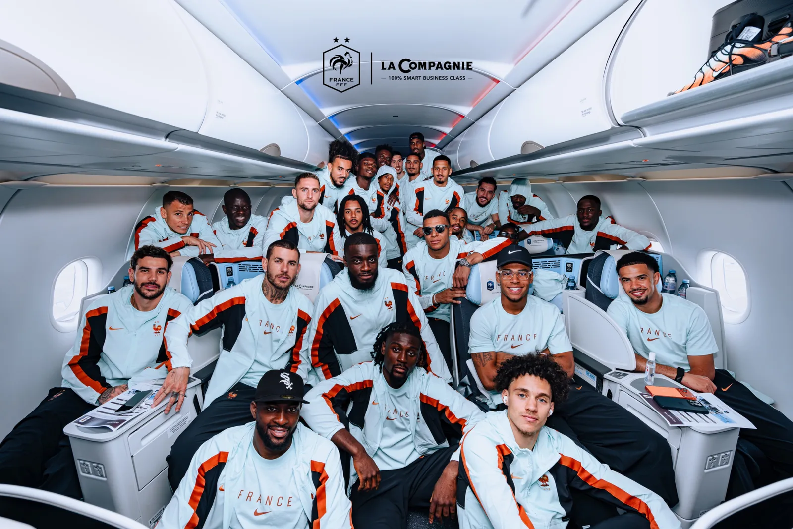 The France national team squad together on the team plane ahead of the 2026 World Cup. Captain Kylian Mbappe and the full France squad pose for an official team photo.