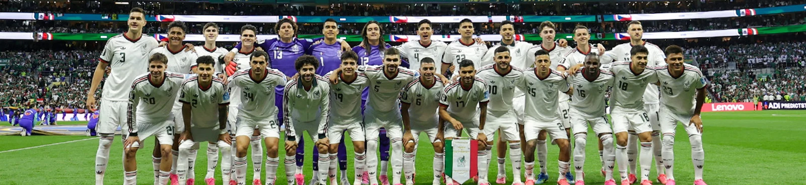 The Mexico national football team line up on the pitch ahead of the 2026 World Cup. An official photo from the Mexico national team account.