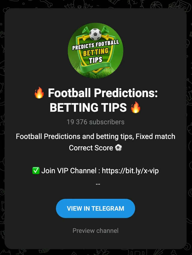 Football Predictions Betting Tips, a Telegram channel that advertises fixed matches, shown here as a warning.