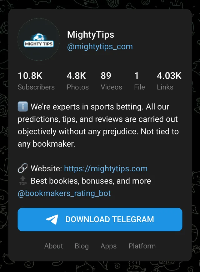 MightyTips, an independent sports betting tips channel on Telegram.