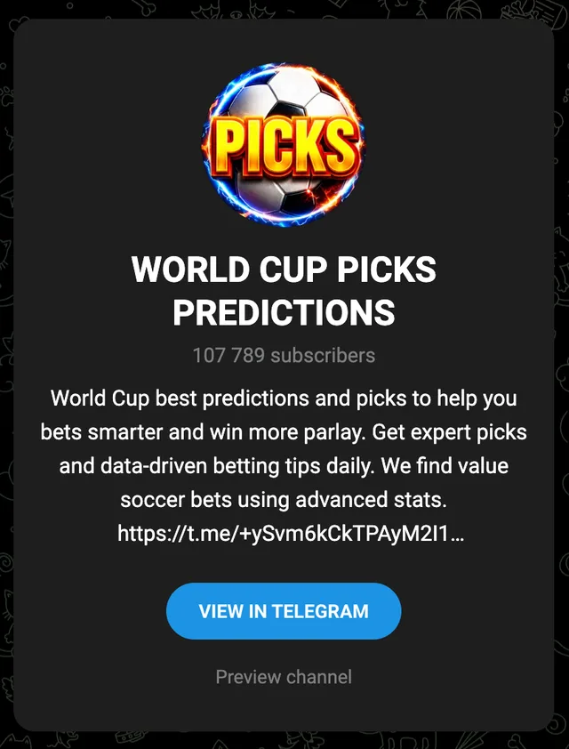 World Cup Picks Predictions, a World Cup betting tips channel on Telegram.